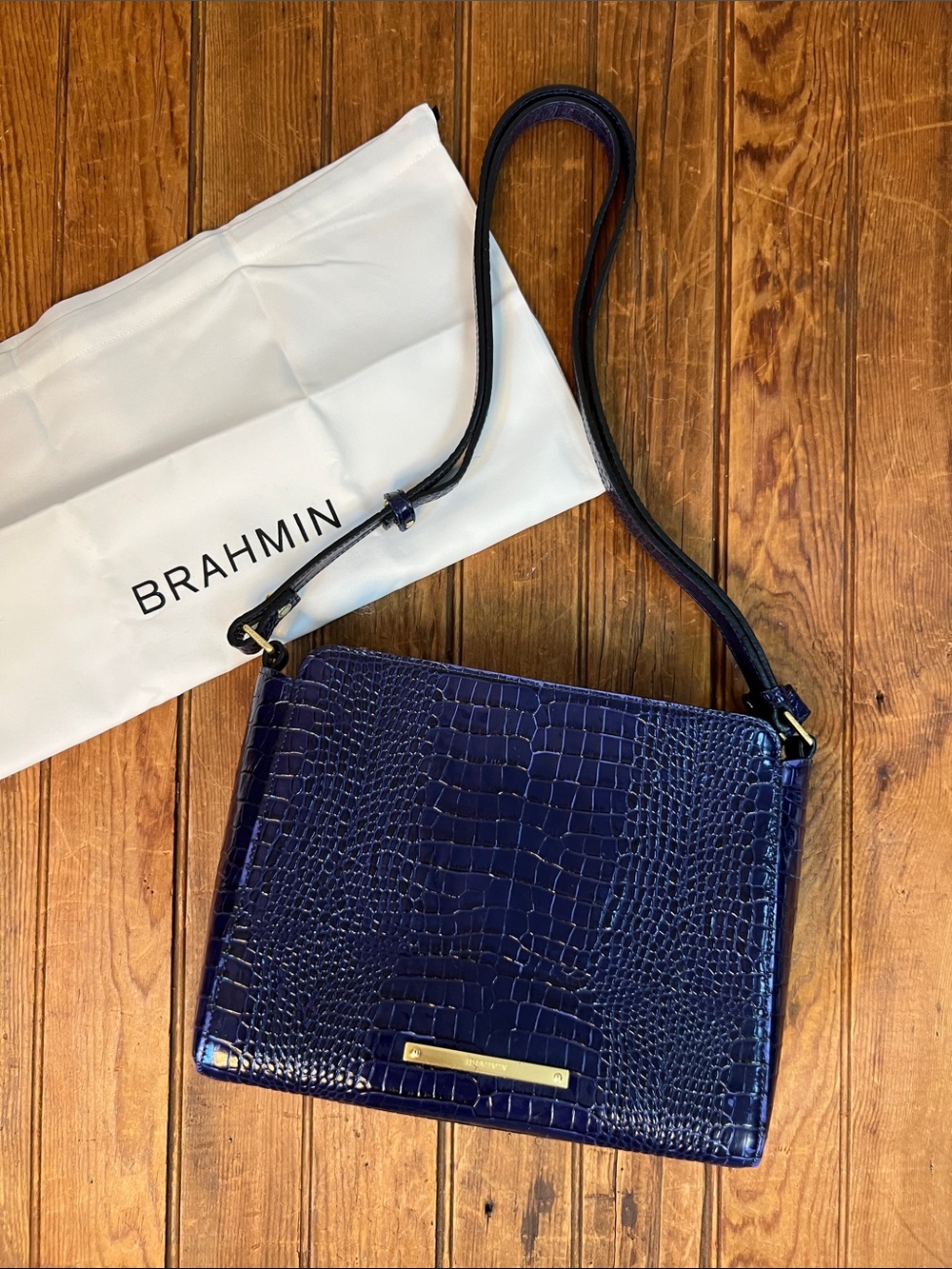 Brahmin Deep Navy Blue Croc-Embossed Leather Crossbody Hillary Bag